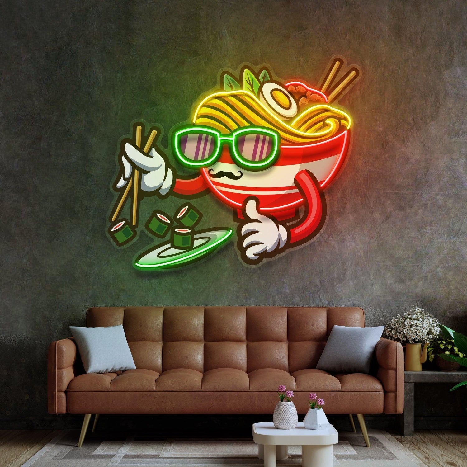 Ramen Eating Sushi Cartoon Uv Printed Led Neon Sign For Restaurant Home Decor | Shineneon