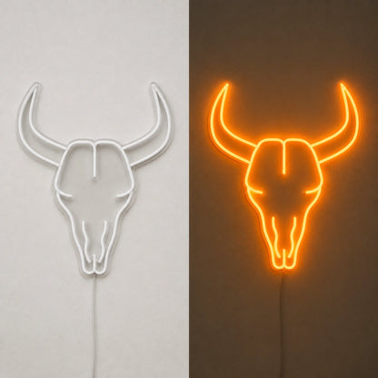 Ranch Bull Skull Vintage LED Neon Sign day and night comparison