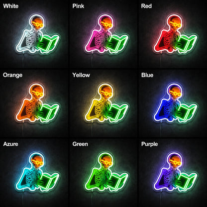 Reading Skeleton Book LED Neon Sign day and night comparison