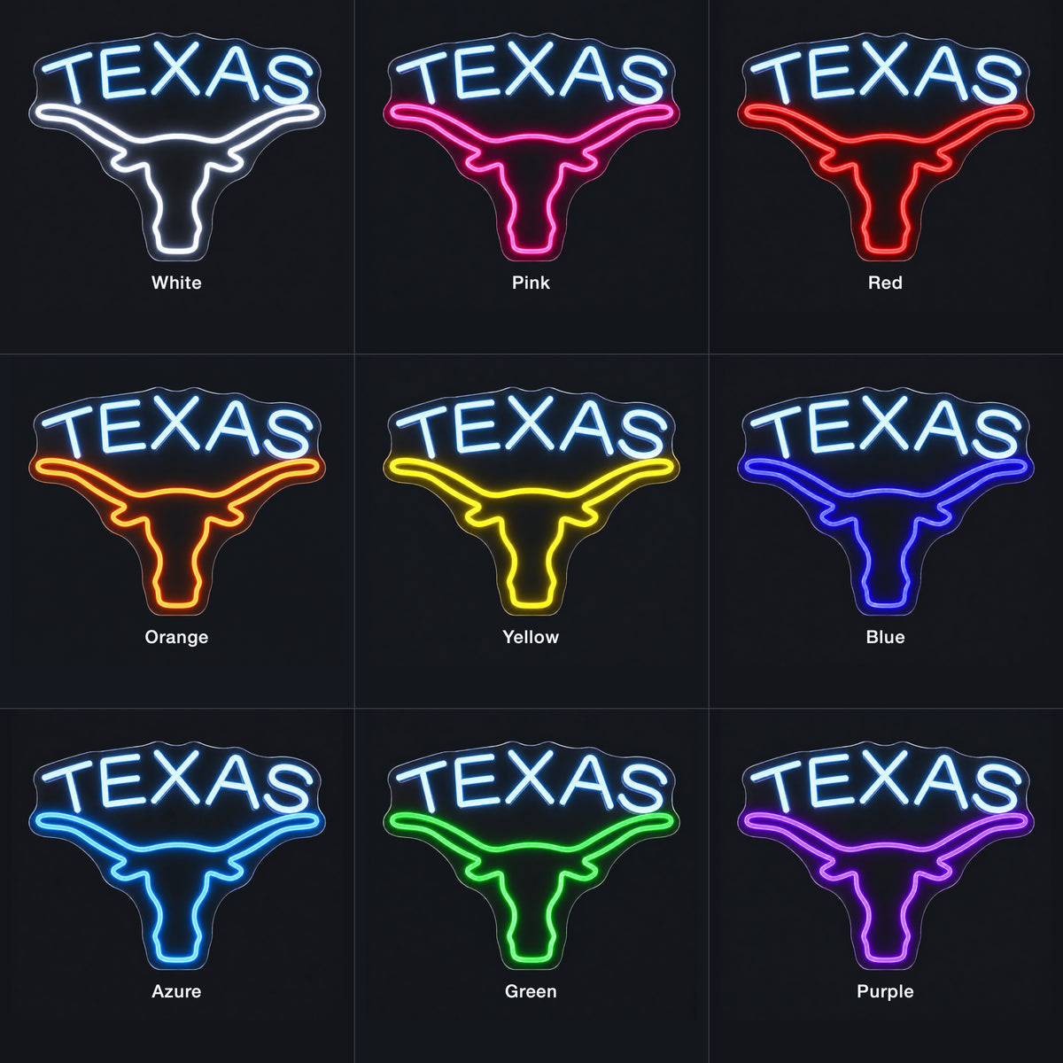 Texas Longhorn LED Neon Sign - nine-color grid