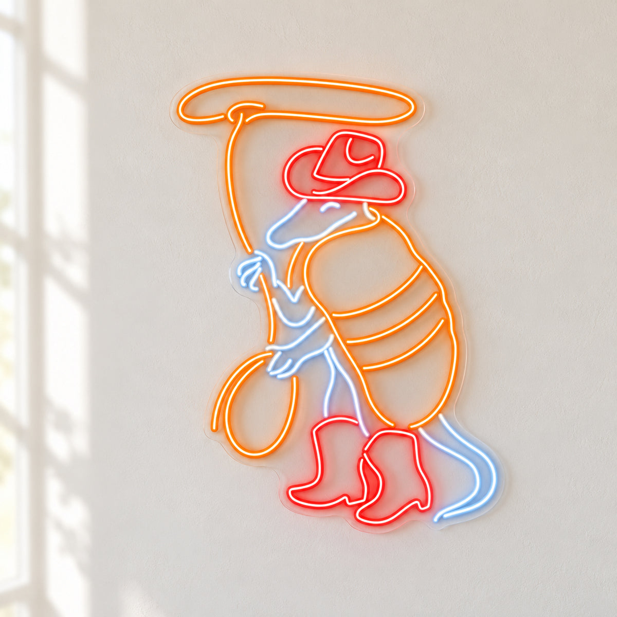 Cowboy Shrimp With Lasso LED Neon Sign - natural light view