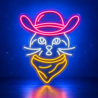 Cowboy Cat Face LED Neon Sign - advertising view