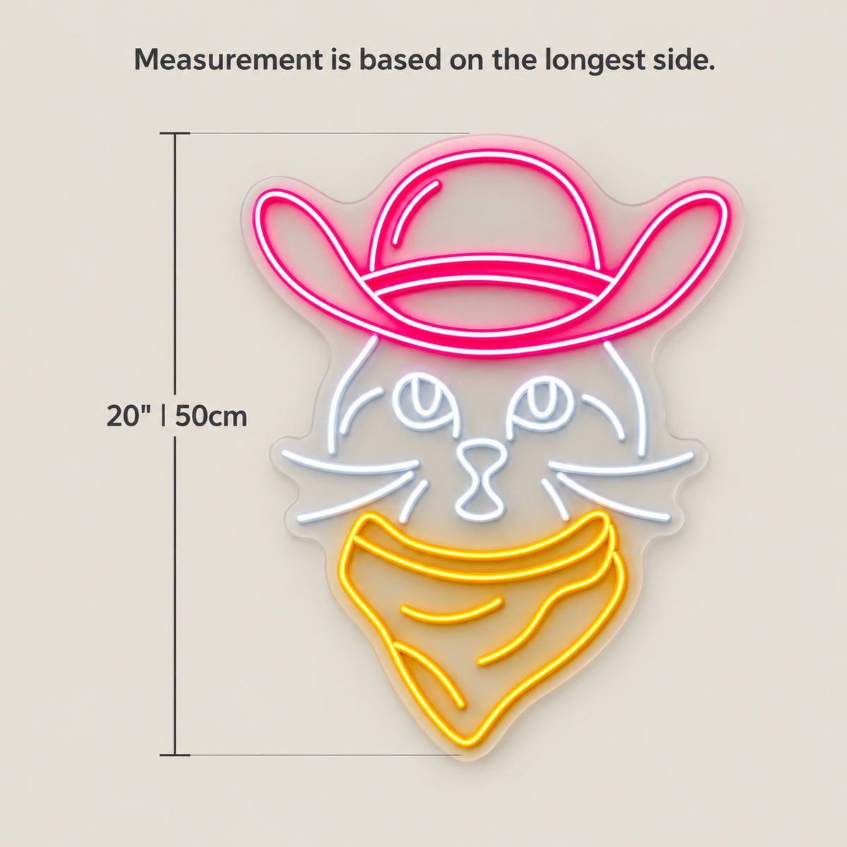 Cowboy Cat Face LED Neon Sign - size guide
