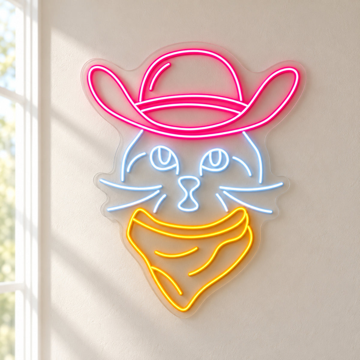 Cowboy Cat Face LED Neon Sign - natural light view