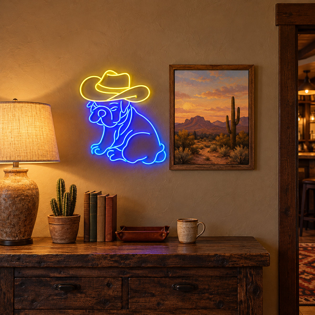 Sitting Cowboy Bulldog LED Neon Sign - lifestyle view