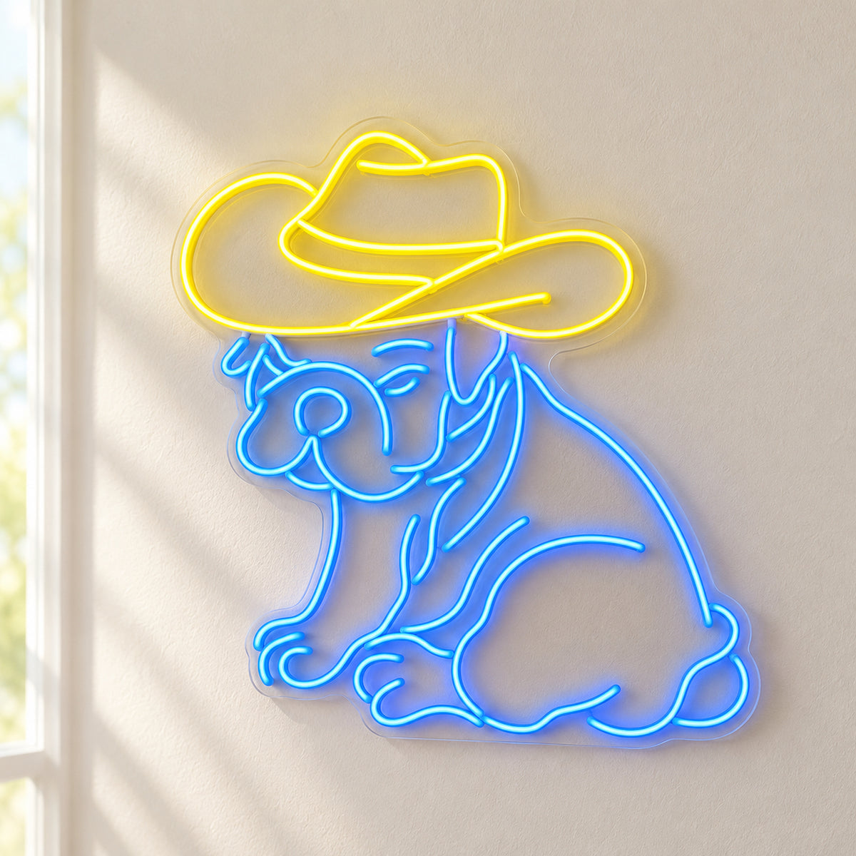 Sitting Cowboy Bulldog LED Neon Sign - natural light view