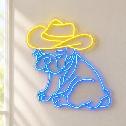 Sitting Cowboy Bulldog LED Neon Sign - natural light view