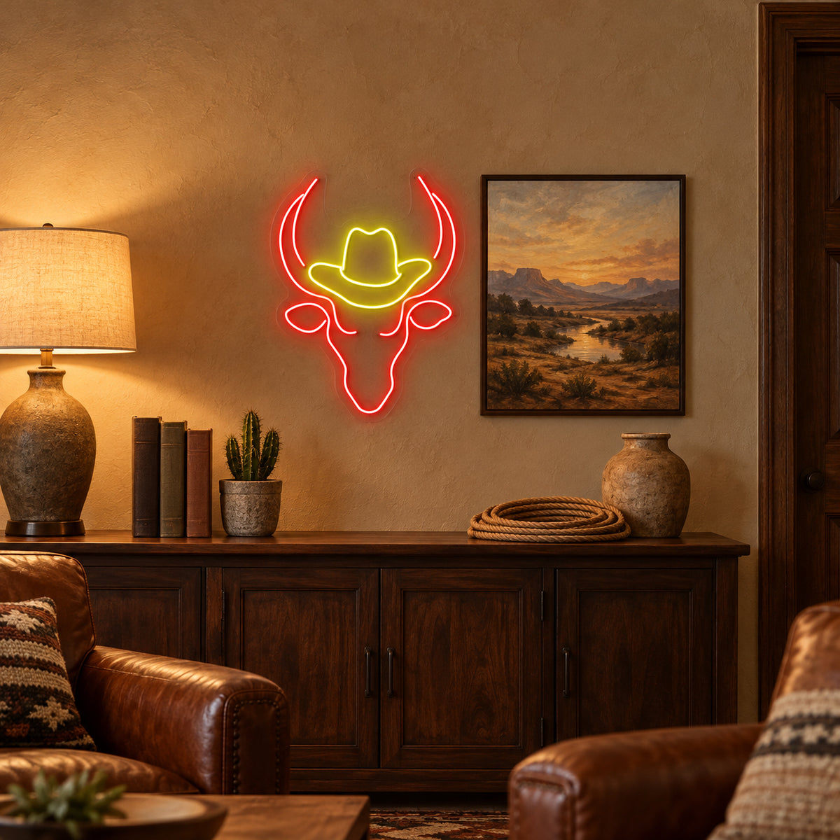 Longhorn Bull With Cowboy Hat LED Neon Sign - lifestyle view