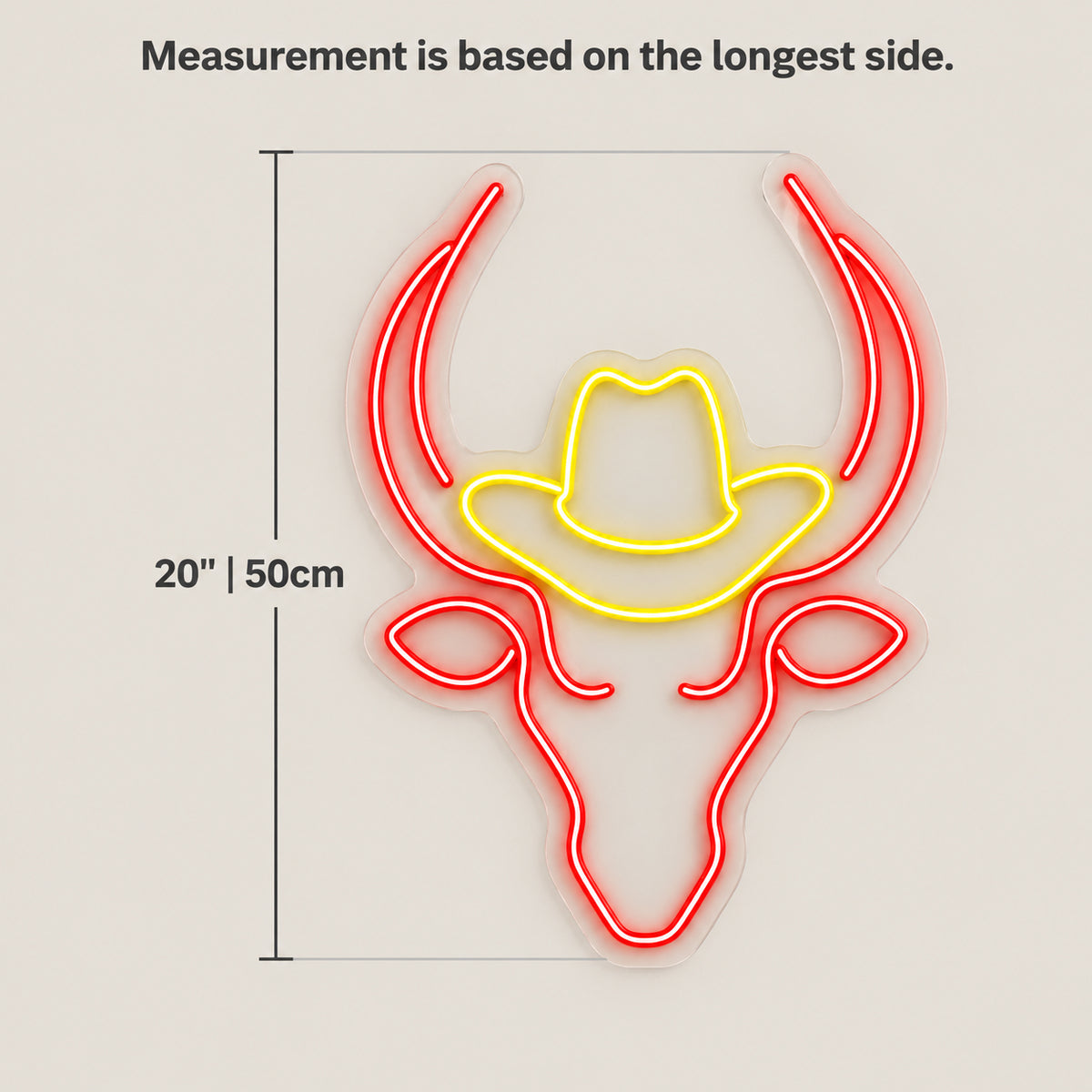 Longhorn Bull With Cowboy Hat LED Neon Sign - size guide