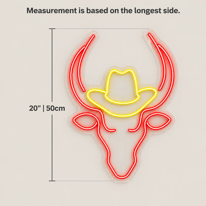 Longhorn Bull With Cowboy Hat LED Neon Sign - size guide