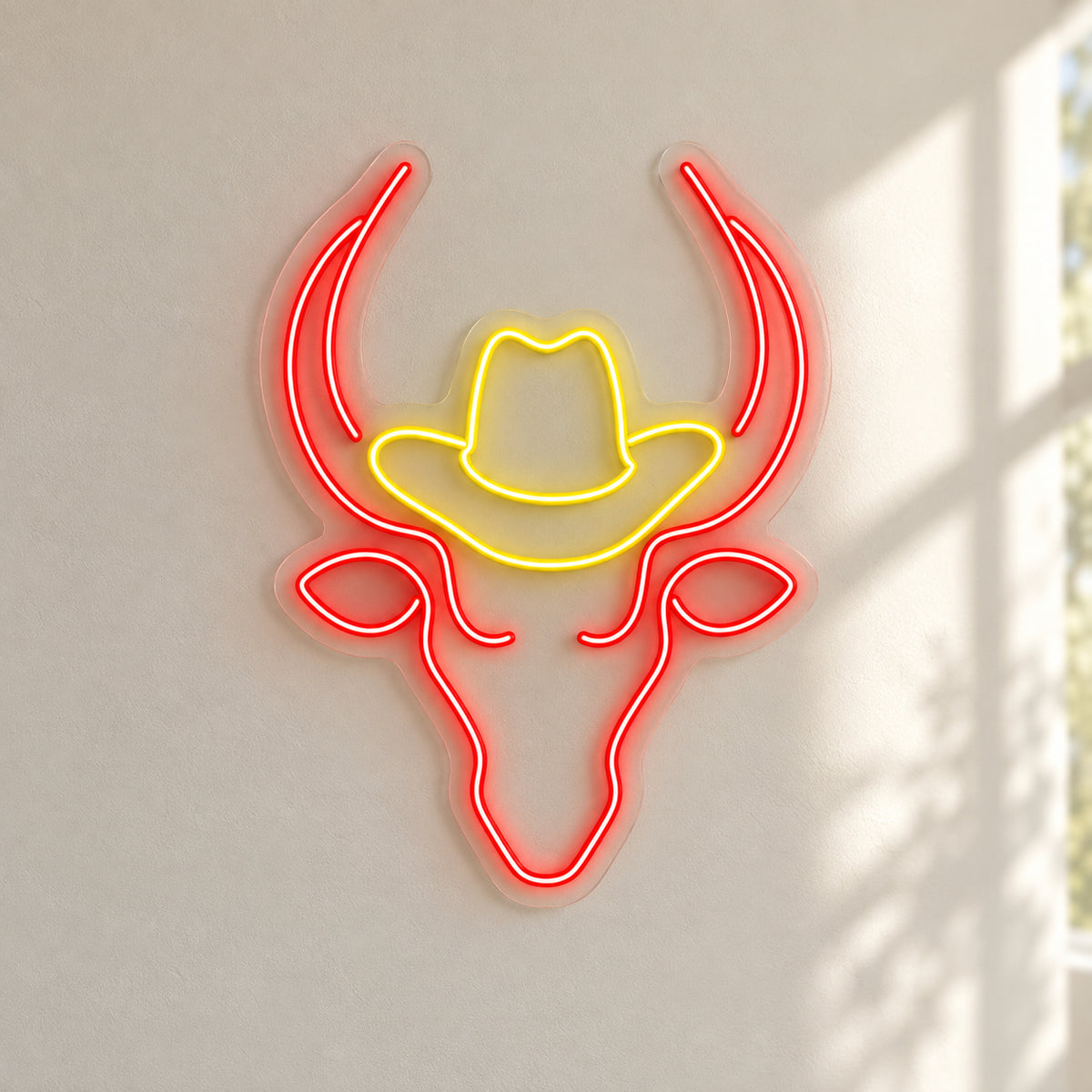 Longhorn Bull With Cowboy Hat LED Neon Sign - natural light view