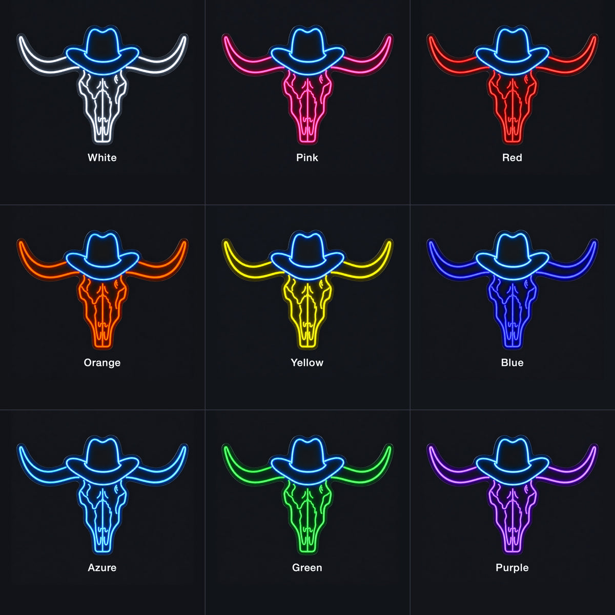 Western Longhorn Skull LED Neon Sign - nine-color grid