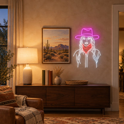 Cowgirl Portrait With Braids LED Neon Sign - lifestyle view