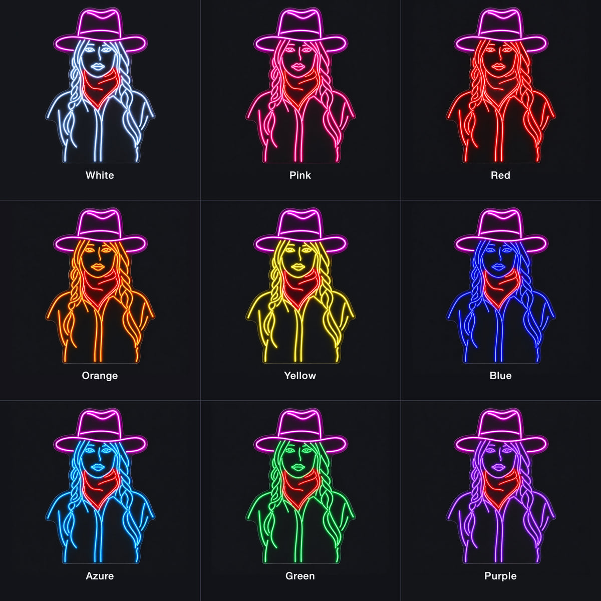 Cowgirl Portrait With Braids LED Neon Sign - nine-color grid