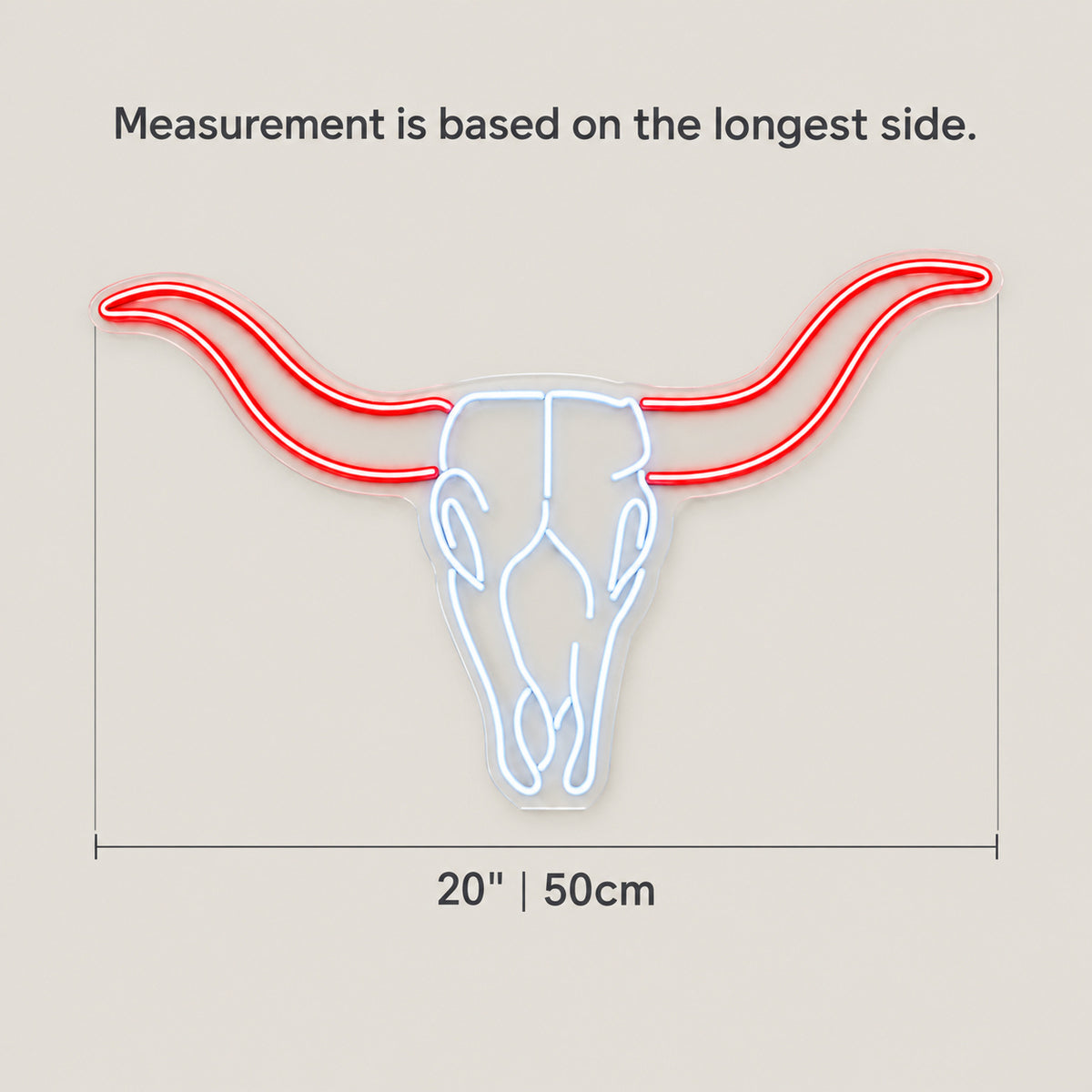 Longhorn Skull Outline LED Neon Sign - size guide