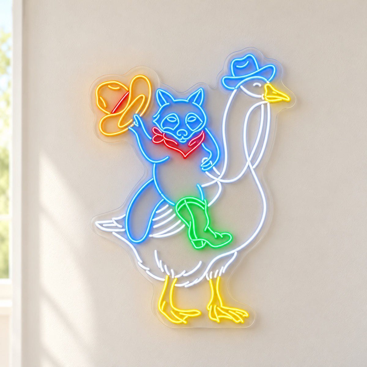 Cowboy Cat Riding Goose LED Neon Sign - natural light view