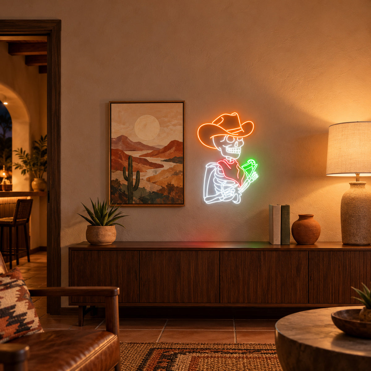 Cowboy Skeleton Holding Cactus LED Neon Sign - lifestyle view