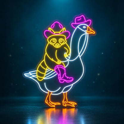Raccoon Riding Goose LED Neon Sign - advertising view