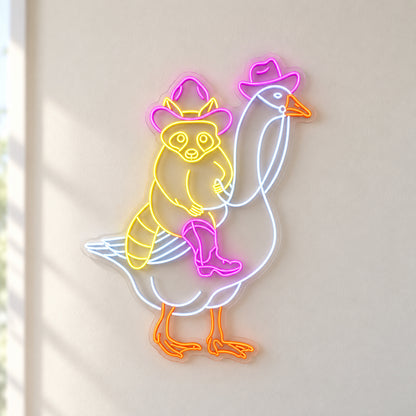 Raccoon Riding Goose LED Neon Sign - natural light view