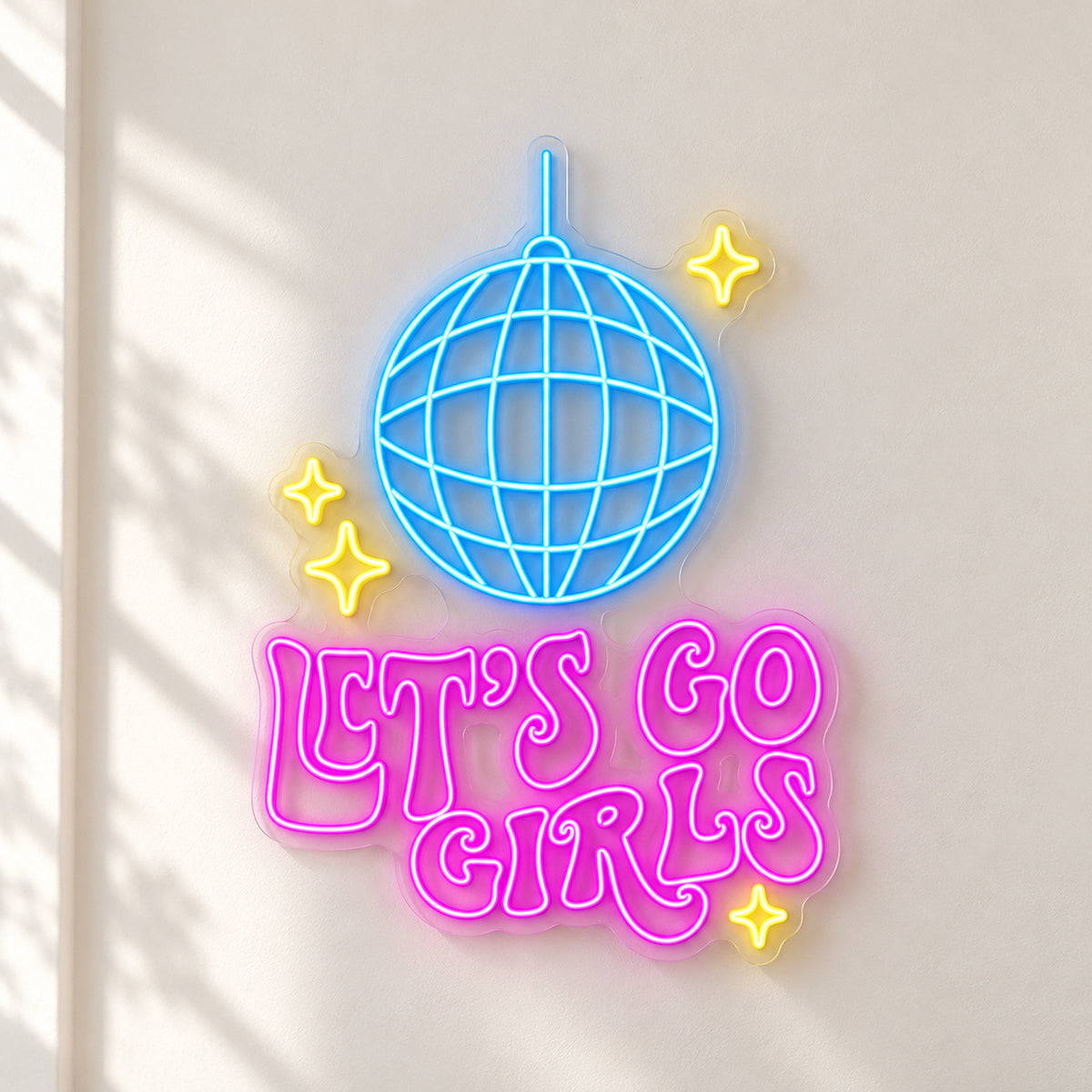 Let's Go Girls Disco Ball LED Neon Sign - natural light view