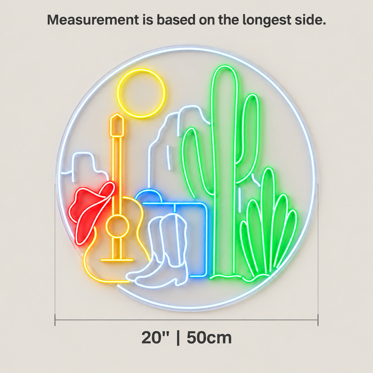 Western Desert Guitar And Boots LED Neon Sign - size guide
