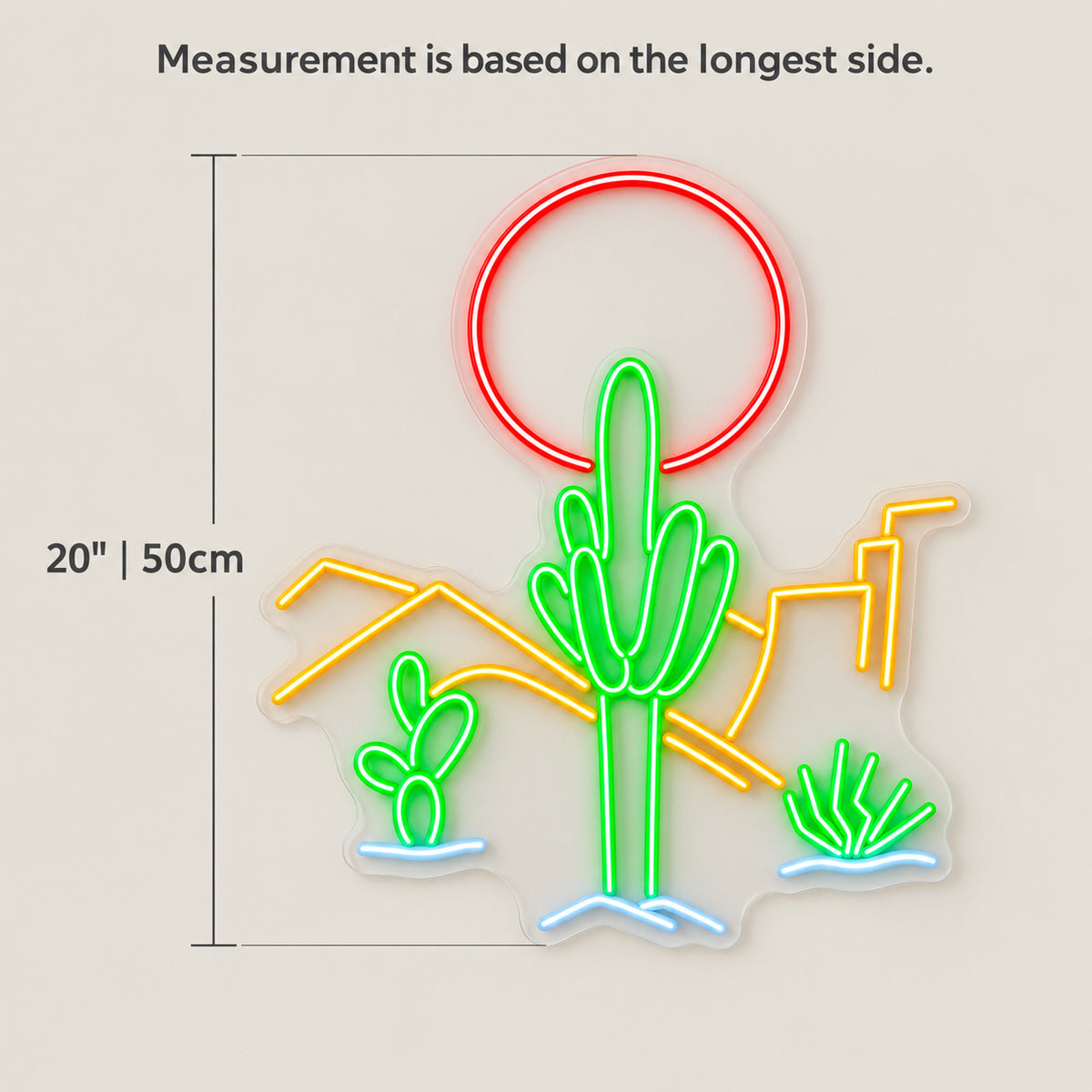 Desert Cactus Sun LED Neon Sign - size guide