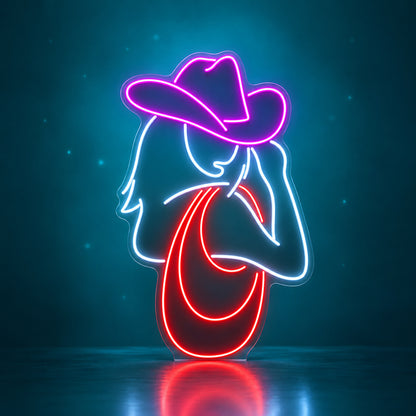 Cowgirl Portrait With Hat And Neck Scarf LED Neon Sign - advertising view