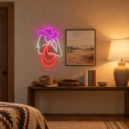 Cowgirl Portrait With Hat And Neck Scarf LED Neon Sign - lifestyle view
