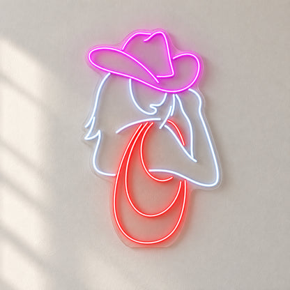 Cowgirl Portrait With Hat And Neck Scarf LED Neon Sign - natural light view