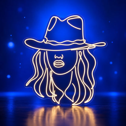 Western Cowgirl Face Portrait LED Neon Sign - advertising view