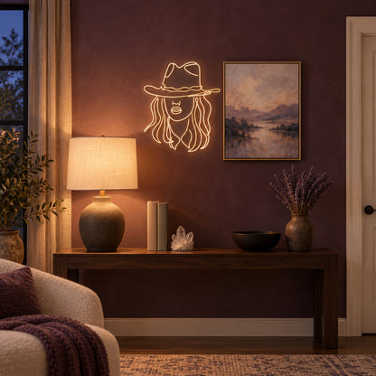 Western Cowgirl Face Portrait LED Neon Sign - lifestyle view