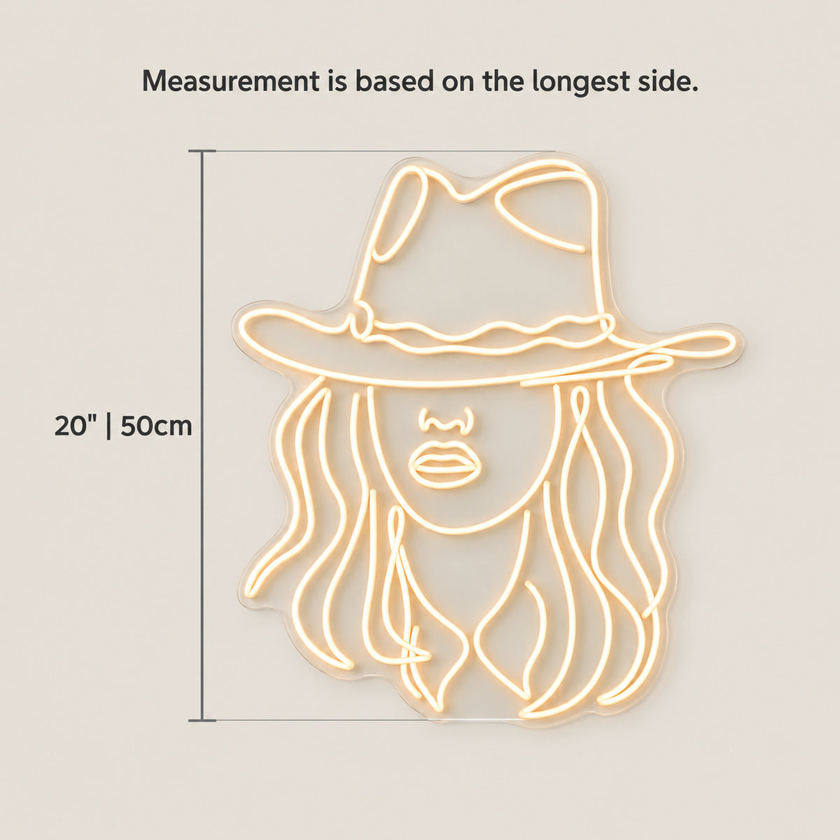 Western Cowgirl Face Portrait LED Neon Sign - size guide