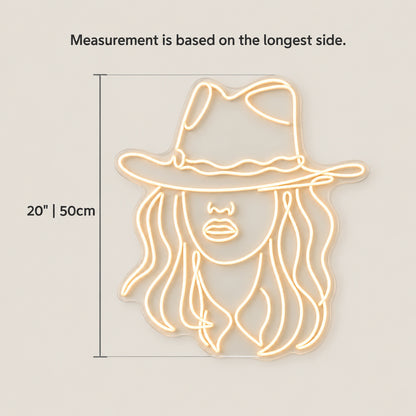 Western Cowgirl Face Portrait LED Neon Sign - size guide