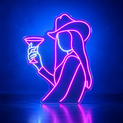 Cowgirl Holding Martini Glass LED Neon Sign - advertising view