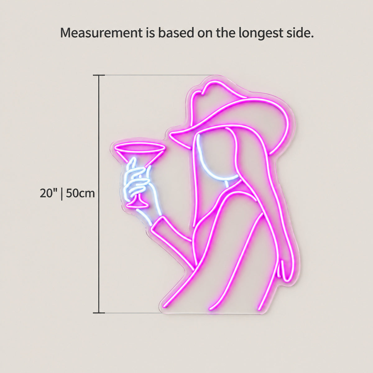Cowgirl Holding Martini Glass LED Neon Sign - size guide