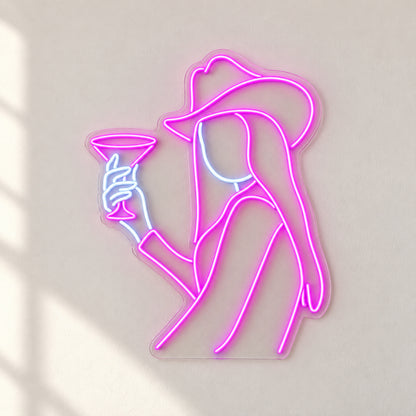 Cowgirl Holding Martini Glass LED Neon Sign - natural light view