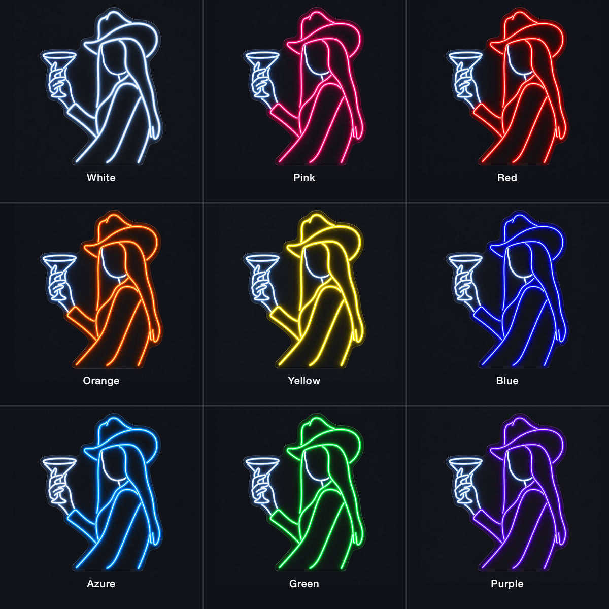 Cowgirl Holding Martini Glass LED Neon Sign - nine-color grid