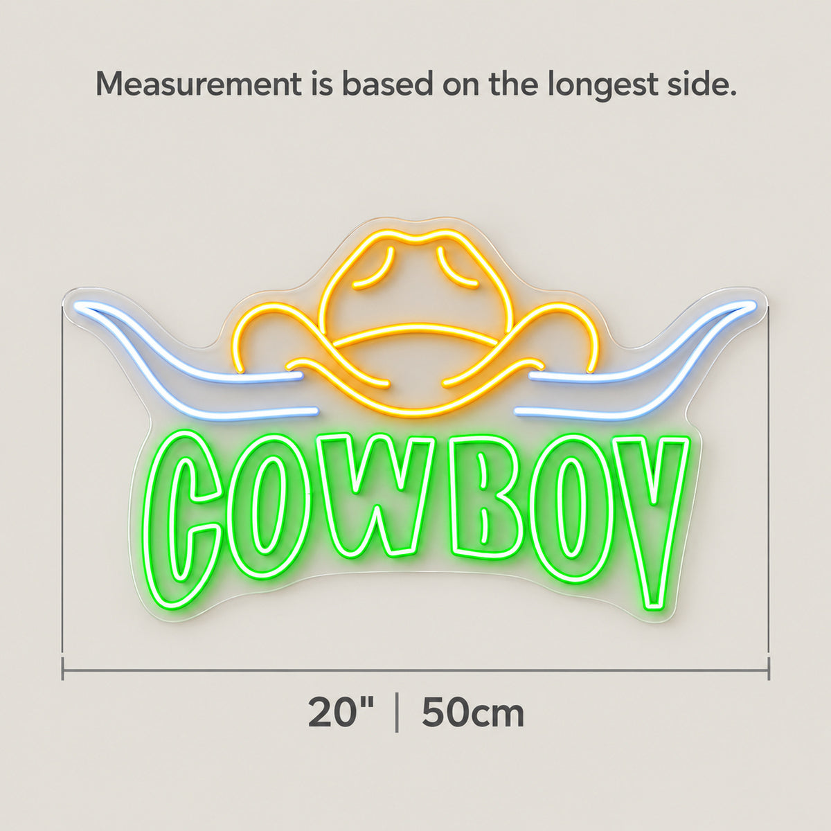 Cowboy Longhorn Badge LED Neon Sign - size guide