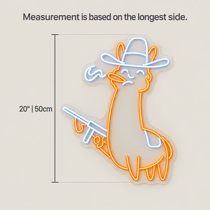 Cowboy Llama With Revolver LED Neon Sign - size guide