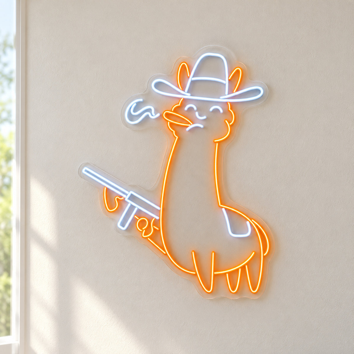 Cowboy Llama With Revolver LED Neon Sign - natural light view