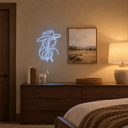 Cowgirl Portrait With Long Hair LED Neon Sign - lifestyle view
