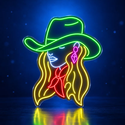 Cowgirl With Earrings And Bandana LED Neon Sign - advertising view