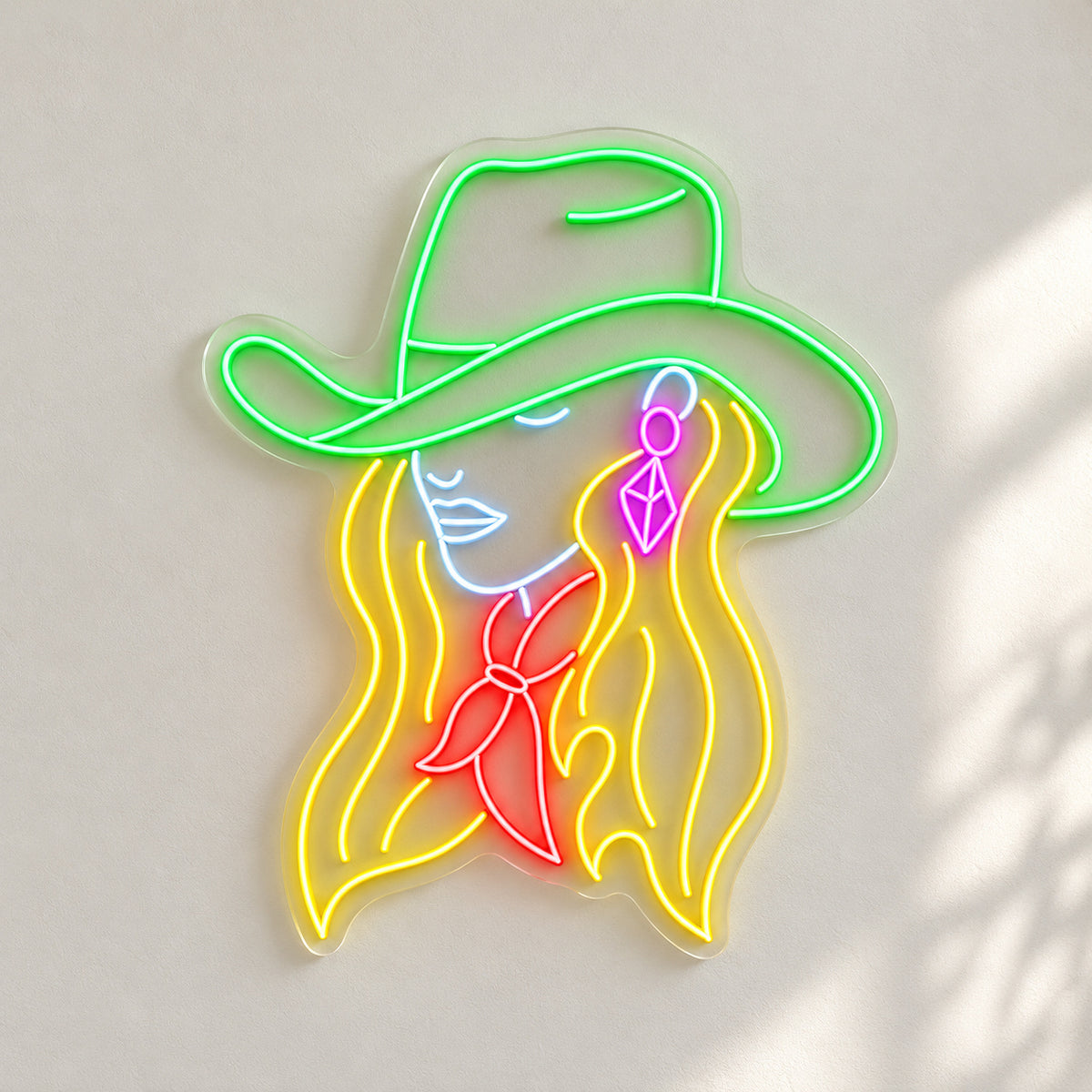 Cowgirl With Earrings And Bandana LED Neon Sign - natural light view
