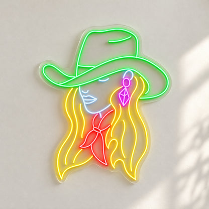 Cowgirl With Earrings And Bandana LED Neon Sign - natural light view