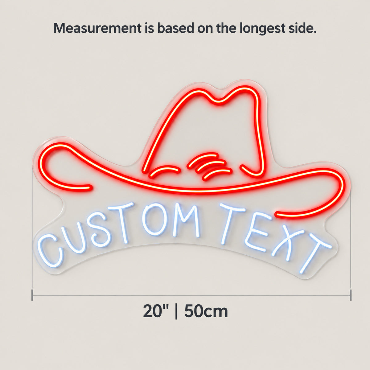 Cowboy Hat Lettering Panel LED Neon Sign - size guide