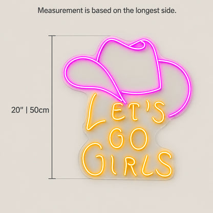 Let's Go Girls Cowboy Hat LED Neon Sign - size guide