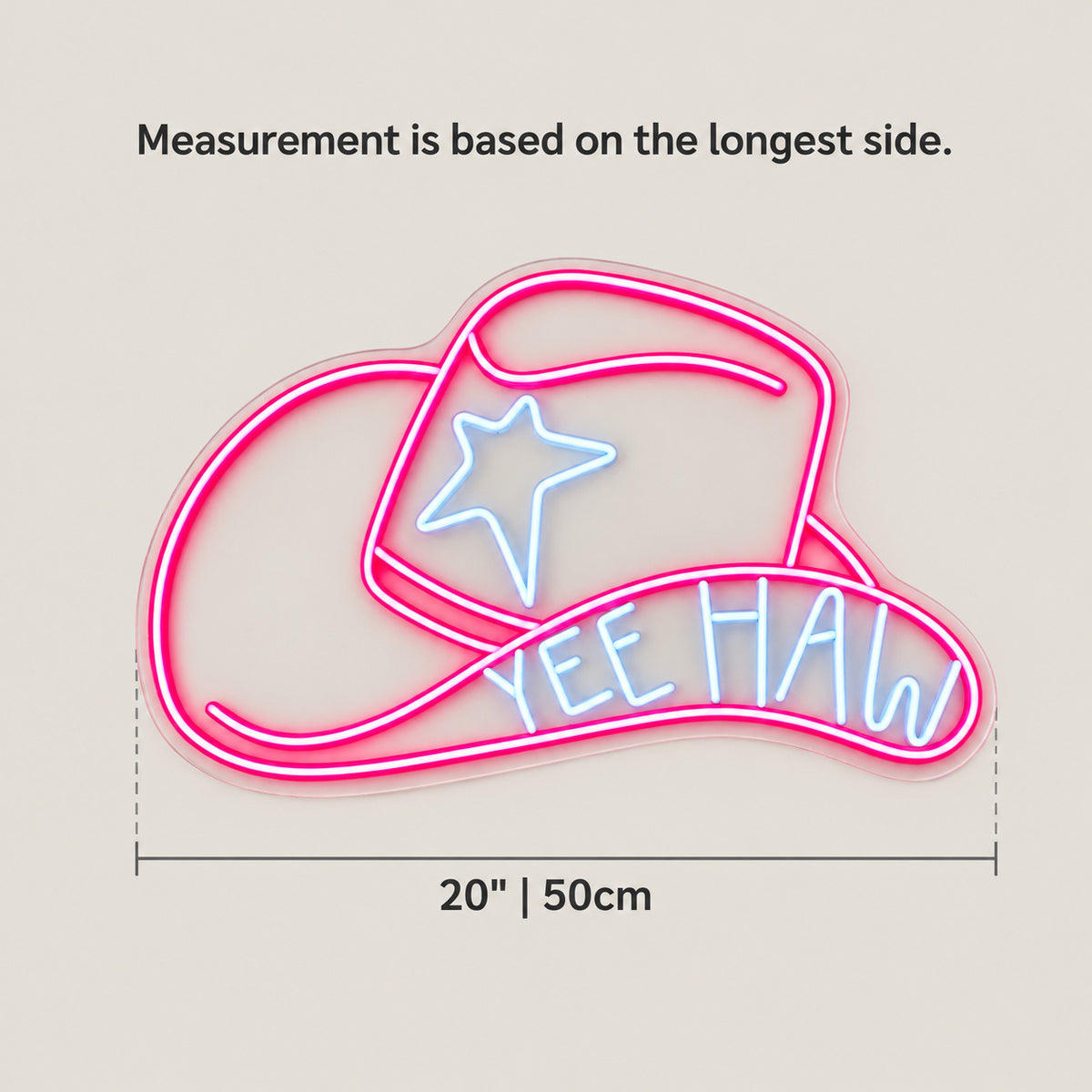 Yee Haw Star Cowboy Hat LED Neon Sign - size guide
