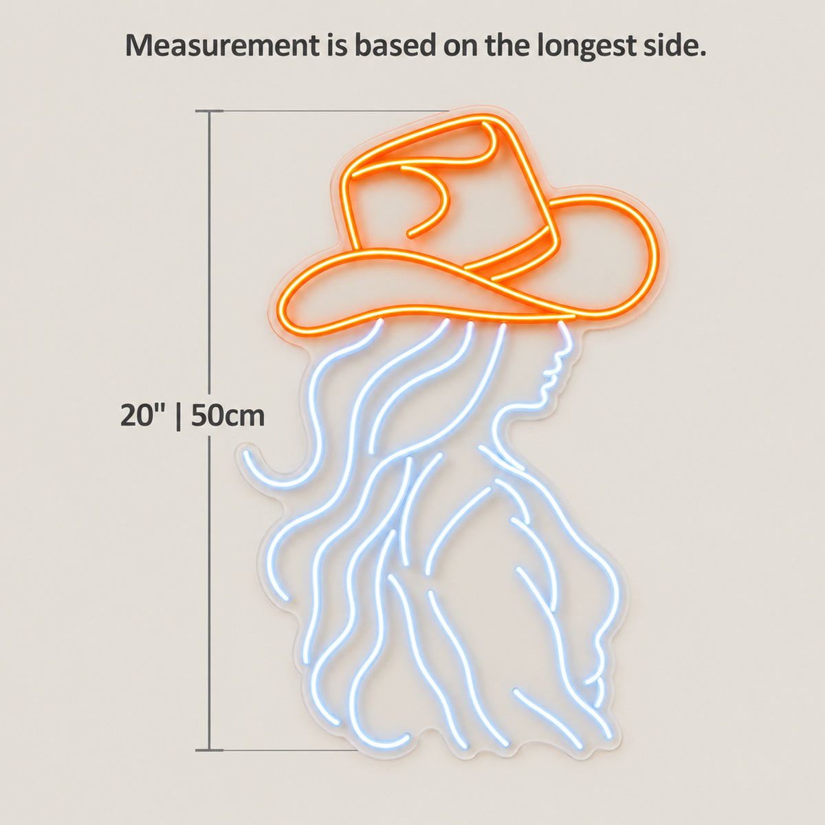 Cowgirl Wavy Hair Profile LED Neon Sign - size guide