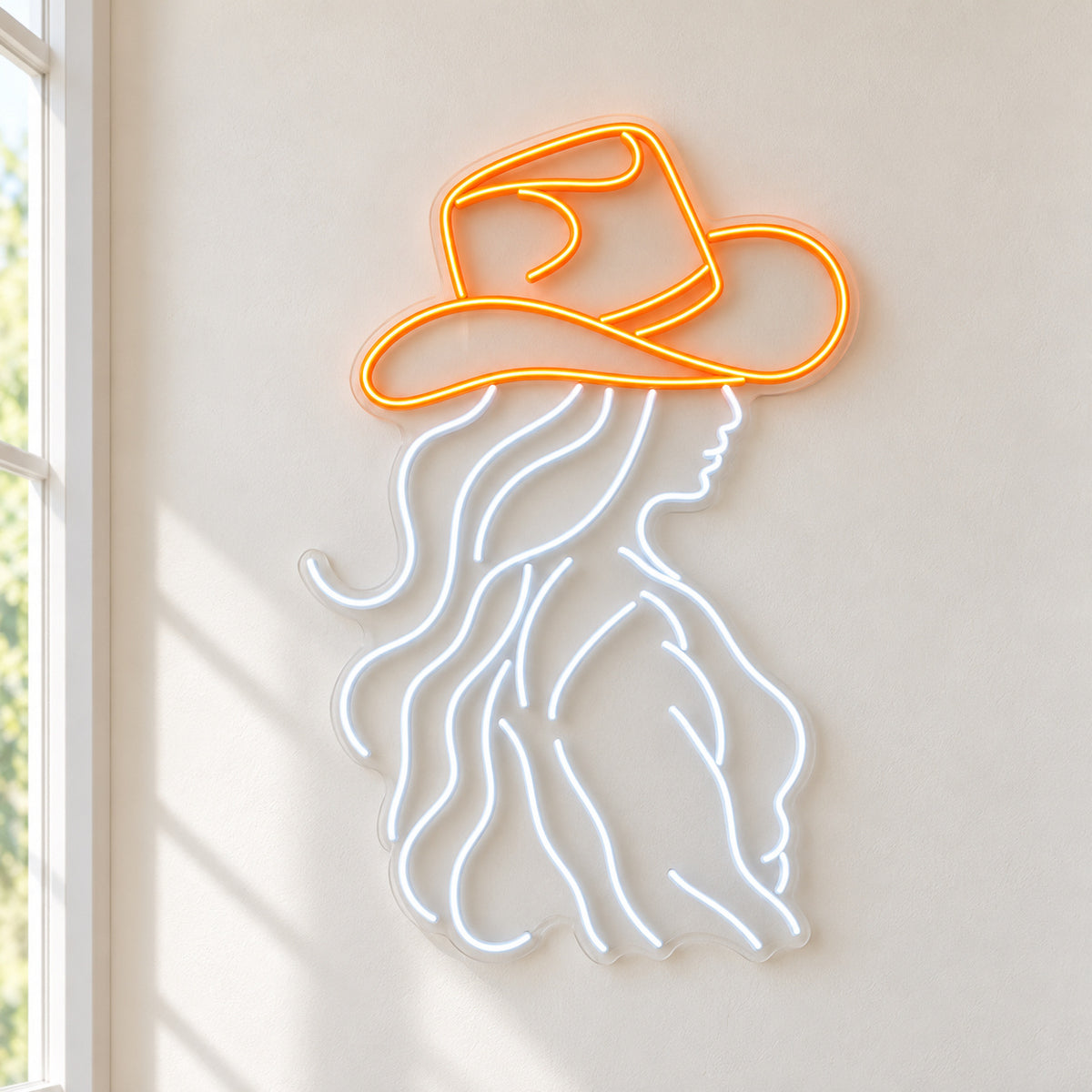 Cowgirl Wavy Hair Profile LED Neon Sign - natural light view