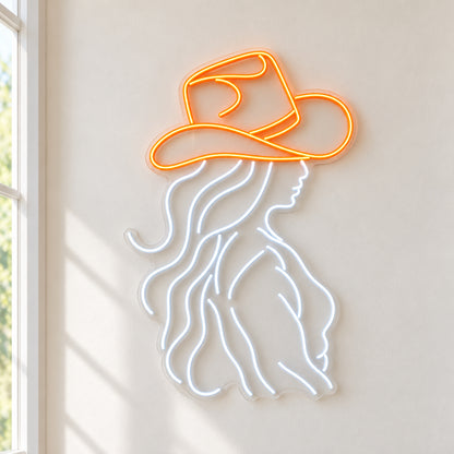Cowgirl Wavy Hair Profile LED Neon Sign - natural light view